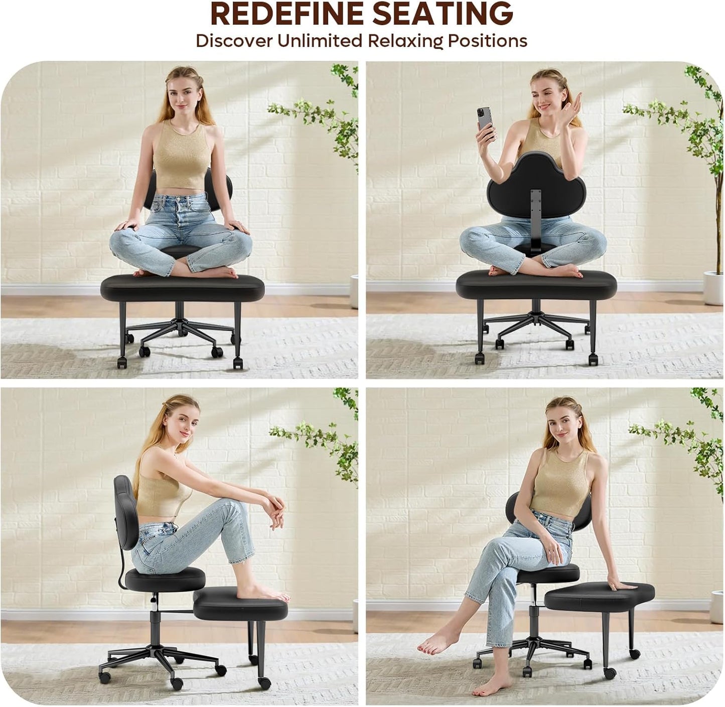 Cross Legged Office Chair with Wheels, Meditation Chair, ADHD Chair for Adults, Wider Height Adjustable Backrest and Seat, Yoga Office Chair, PU Leather, Black