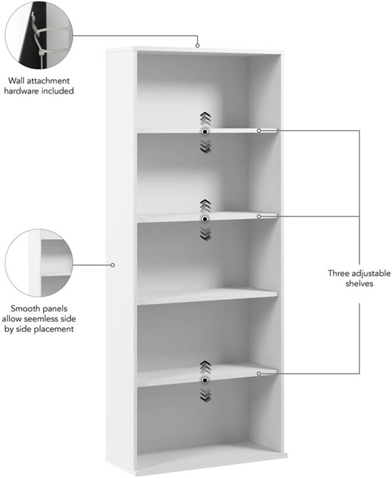 Bush Business Furniture Hustle Tall 5 Shelf Bookcase in White, Large Freestanding Bookshelf for Home Office and Professional Workspace