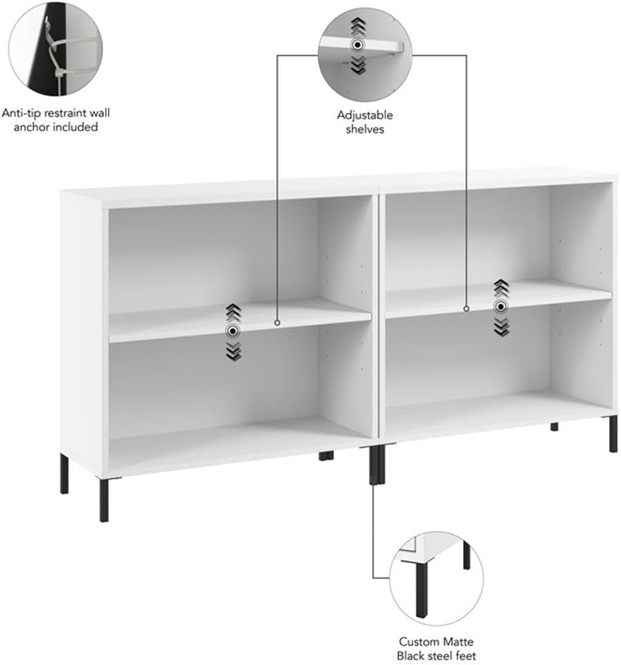 Bush Furniture Essence 2 Shelf Bookcase - Set of 2 in White | Organizers and Shelves for Home Office Workspace, Living Room, Entryway, Bedroom, and Mudroom