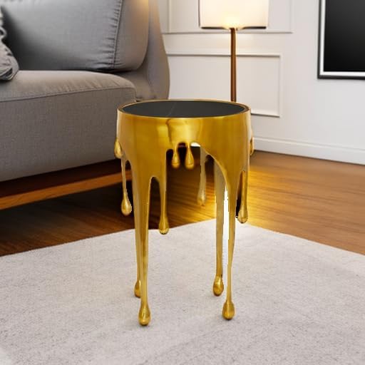 Deco 79 Aluminum Metal Abstract Melting Drip Accent Table with Melting Design and Shaded Glass Top, 16' x 16' x 25', Gold