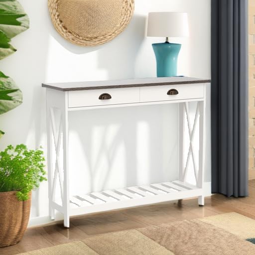 ChooChoo Farmhouse Console Table with Drawer for Entryway, Narrow Long Entry Table with Shelf for Living Room, Rustic Vintage Hallway Sofa Table with Stable X Supports, 40 White