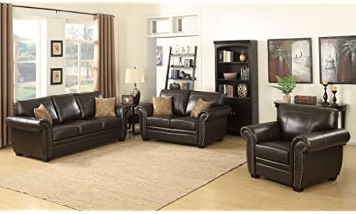 AC Pacific Louis Collection Traditional Upholstered Leather Living Room Piece with Antique Brass Nail Head Trim, Loveseat, Dark Brown