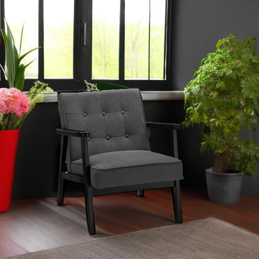 SONGMICS Accent Leisure Chair, Mid-Century Modern Arm Chair with Solid Wood Armrests and Legs, 1-Seat Cushioned Sofa for Living Room Bedroom Balcony Studio, Classic Black ULAC001B01