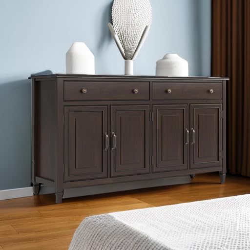 SIMPLIHOME Connaught SOLID WOOD 67 inch Wide Traditional Large Sideboard Buffet Storage Cabinet in Dark Chestnut Brown for the Living Room, Entryway and Family Room