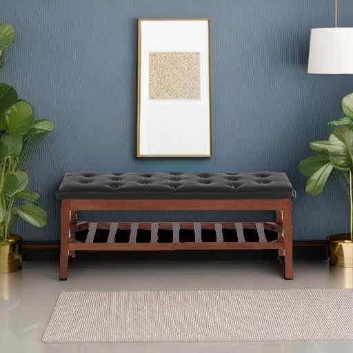 Upholstered Shoe Bench Entryway Bench for Bedroom, End of Bed, Ottoman Bench Tufted Padded Seat with Solid Wood Shelf for Living Room, Faux Leather Black