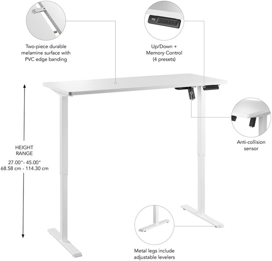 Bush Furniture Energize 55W x 24D Electric Height Adjustable Standing Desk in Basic White, Ergonomic Sit-Stand Computer Table for Home Office