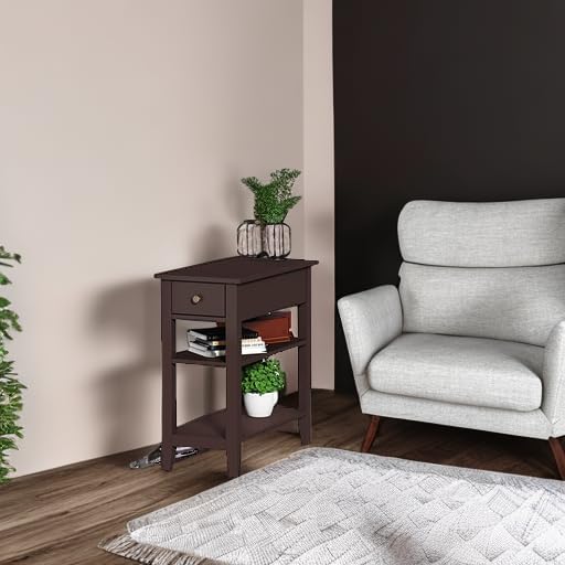 ChooChoo Narrow End Table with Charging Station, Side Table Living Room with USB Ports & Power Outlets and Hidden Drawer, 3-Tier Skinny Nightstand with 2 Open Storage Shelves For Small Place(Espresso)