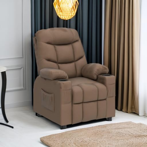 Costzon Kids Recliner Chair with Cup Holder, Adjustable Velvet Lounge Chair w/Footrest & Side Pockets for Children Boys Girls Room, Ergonomic Toddler Furniture Sofa, Kids Recliner (Brown)