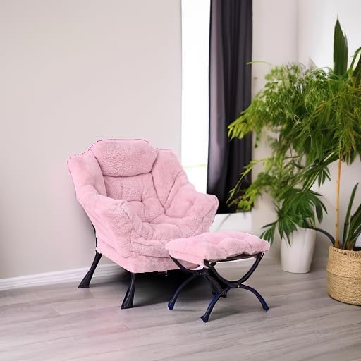 Lazy Chair with Folding Ottoman, Modern Accent Lounge Armchair with Armrests and a Side Pocket & Foldable Footstool, Leisure Reading Chair for Living Room, Bedroom, Dorm & Office, Plush Pink