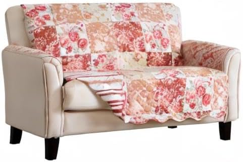 Great Bay Home Reversible Floral Patchwork Furniture Protector Scalloped Edge Stain Resistant Printed Furniture Protector Maribel Collection (Loveseat, Burgundy/Taupe)