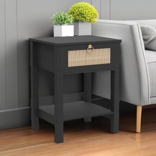 SICOTAS Rattan Nightstand Set of 2, Rattan Decor Drawer with Brass Knobs Night Stand Bedside Table Boho End Tables Side Tables with Storage Shelf for Bedroom,Small Space