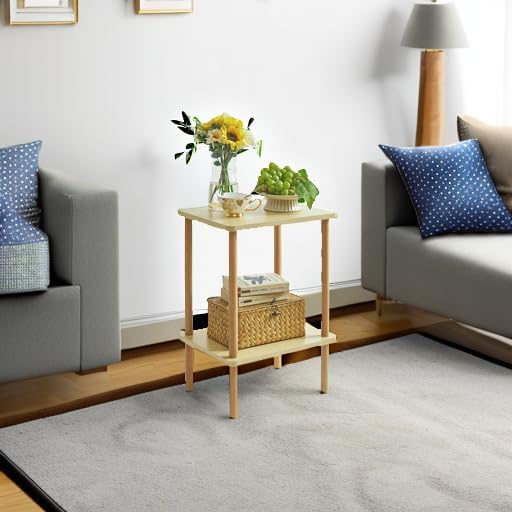 IBUYKE 2-Tier Side Table, Solid Wood Tall End Table with Storage Shelves, Nightstand Bedside Table for Living Room Bedroom Office, No-Tool Assembly, Light Natural UWST002S
