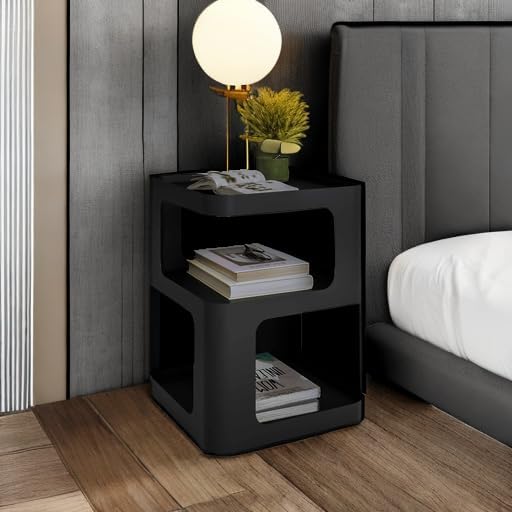 XIV Side Table, Small End Table, Modern Nightstand, Accent Bedside Table, 3 Tier Night Stands, Metal Bed Side Table for Living Room Bedroom Outdoor Entryway, No Assembly Required (Black, Square)