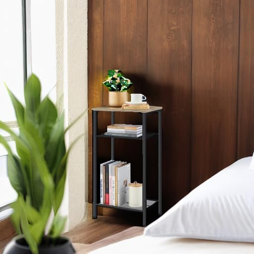 Hoctieon 3 Tier End Table, Telephone Table, Tall Side Table with Storage, Small Nightstand for Small Spaces, Metal Frame, For Living Room, Bedroom, Sofa Couch, Hall, Easy Assembly, Greige