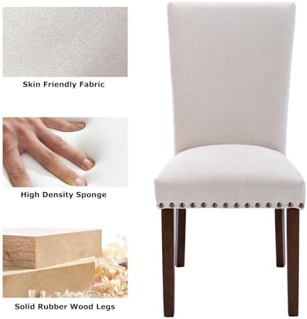 COLAMY Upholstered Parsons Dining Chairs Set of 2, Fabric Dining Room Kitchen Side Chair with Nailhead Trim and Wood Legs - Beige