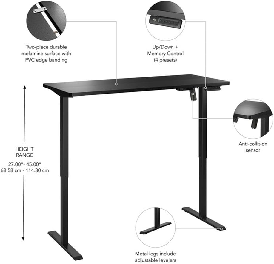 Bush Furniture Energize 55W x 24D Electric Height Adjustable Standing Desk in Basic Black, Ergonomic Sit-Stand Computer Table for Home Office