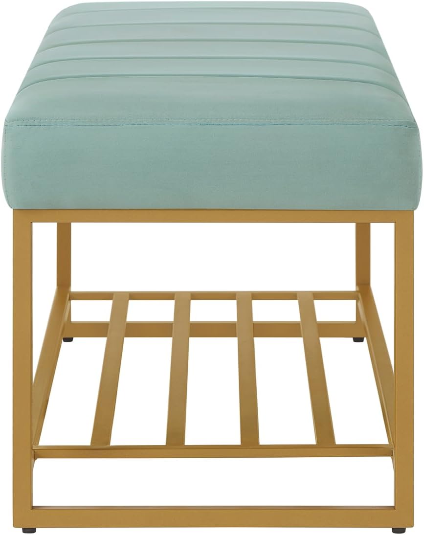 24KF Seaglass Velvet Upholstered End of Bed Bench with Metal Shelf, Modern Tufted Channel Entryway Bench Footboard Bench for Living Room, Bedroom, Gold Bench,5036-Seagalss