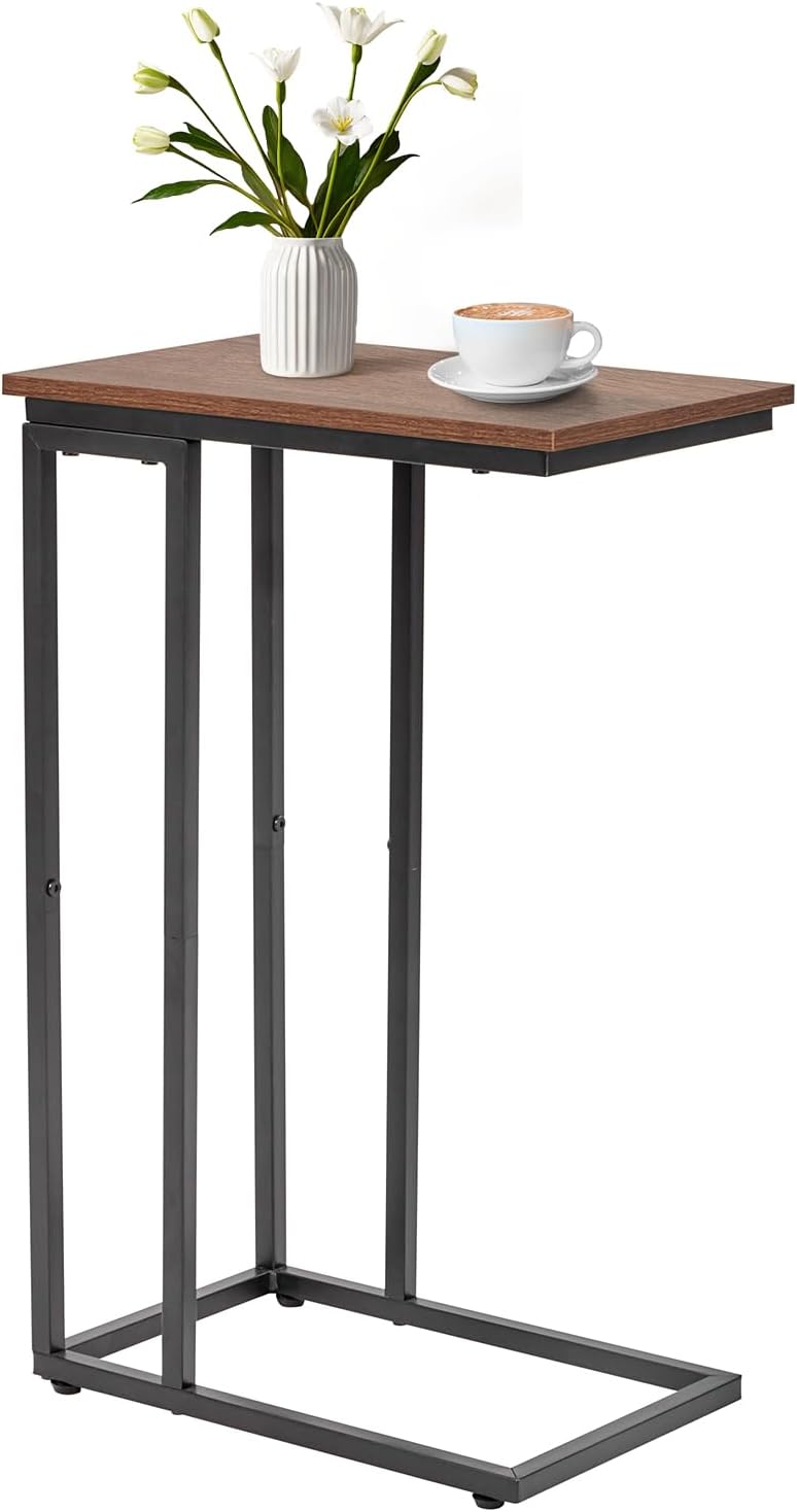 C-Shaped End Table, for Living Room, Bedroom, Small Spaces, TV Tray Couch Side Tables Laptop Table, Rustic Brown and Black
