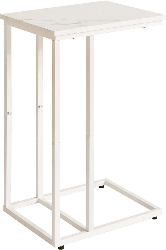 C Shaped End Table, Small Side Table for Sofa and Bed, White Bedside Table, Laptop Desk for Couch 16x12x25 inch Faux Marble+White YD-TM051W