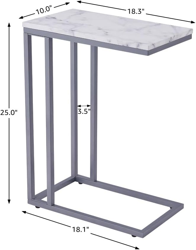 C-Shape Side End Table, Faux Marble Tray Snack Table with Metal Frame, Laptop Coffee Holder, Modern Furniture (Silver)