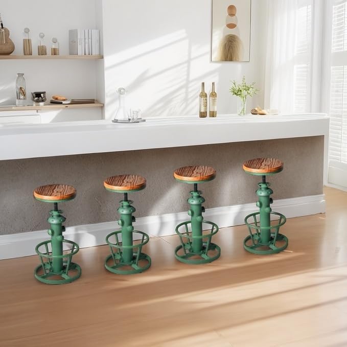 Vintage Bar Stool 24.8-30inch Counter Height Adjustable Industrial Coffee Chair with Swivel Wooden Seat Farmhouse Dinner Stools in Kitchen Dining Room