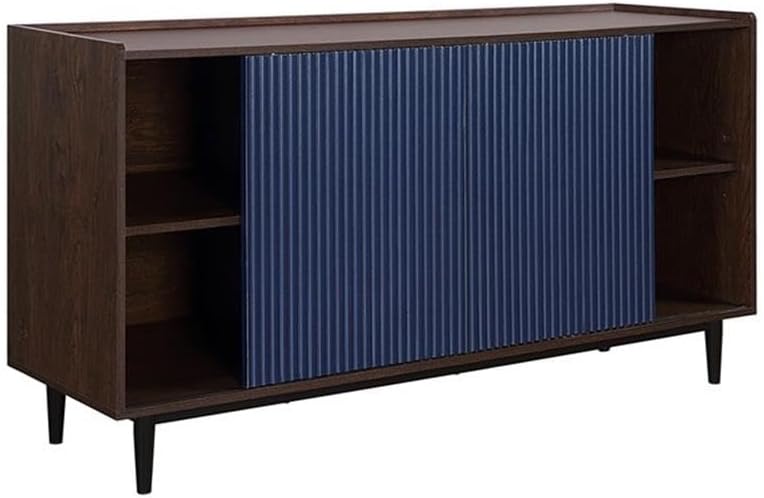 Manhattan Comfort Duane 59-Inch Ribbed Mid Century Modern Sideboard, Versatile Dining & Living Room Buffet Table with 3 Adjustable Center Shelves & 2 Side Cabinets, Navy Blue
