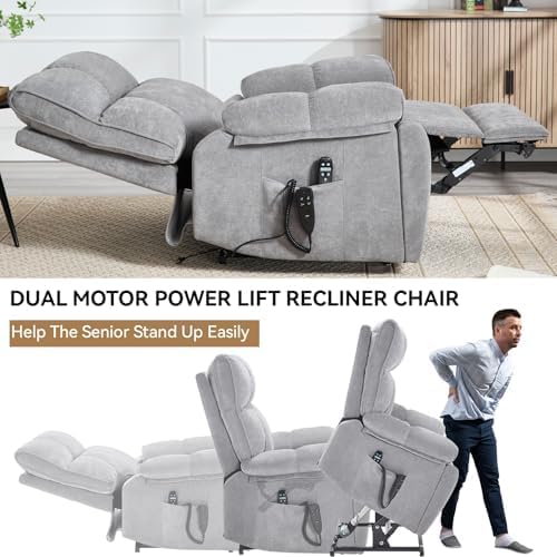 Dual Motor Power Lift Recliner Chair, 8 Positions Vibration Massage Recliner Chair, Chenille Fabric Recliner with Cup Holder, Vibration Massage and Lumbar Heating for Adults and Elderly, Grey