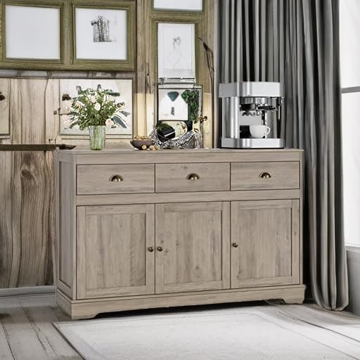 Keyluv Buffet Storage Cabinet, Sideboard Farmhouse Server Bar Wine Cabinet with 3 Drawers & 3 Doors Adjustable Shelves Console Table for Kitchen, Dining Living Room Cupboard, Grey Wash
