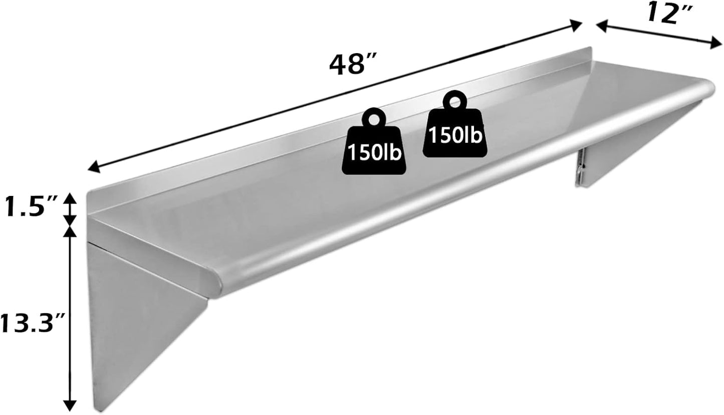 12''x48'' - 2packs Wall Mounted Stainless Steel Shelf NSF Commercial Metal Wall Mount Floating Shelving for Kitchen, Restaurant, Food Truck,Garage,Washrooms,Home&Hotel