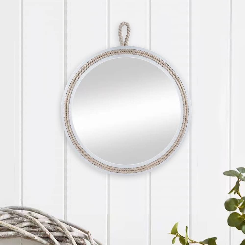 Small Decorative Mirror 11.4'' Round Hanging Mirror for Wall Nautical Rope Mirror for Bathroom Office Living Room All Occasions, White Round Rope,Mirror,Nautical Theme