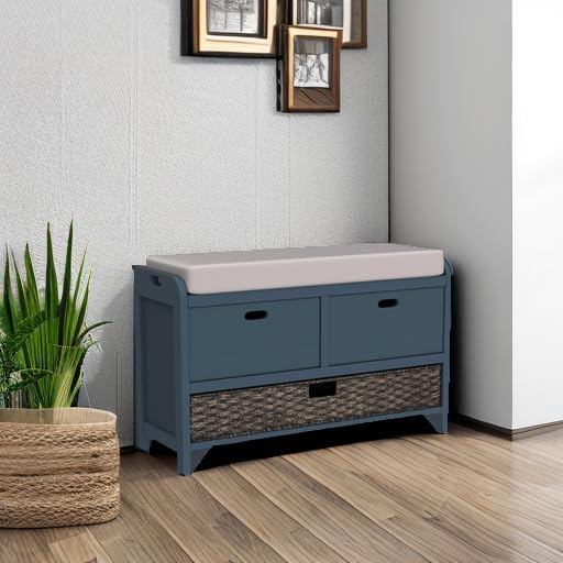 Merax Classic Wood Shoe Storage Bench with 2 Drawers, Large Rattan Basket and Seat Cushion for Entryway Hallway Front Door Navy