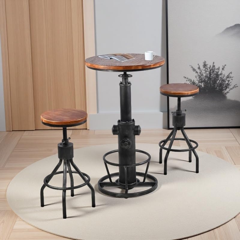Industrial Bistro Bar Table 38.6-44.4inch Height Adjustable Farmhouse Pub Table for Kitchen Dinning Room Office Swivel Wooden Top