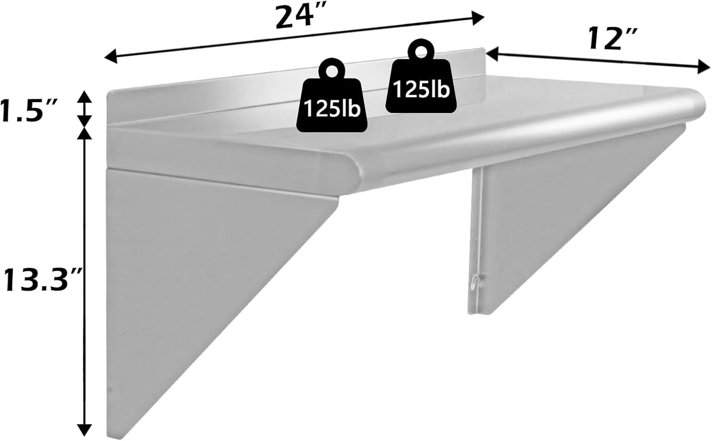 12''x24'' Wall Mounted Stainless Steel Shelf NSF Commercial Metal Wall Mount Floating Shelving for Kitchen, Restaurant, Food Truck,Garage,Washrooms,Home&Hotel