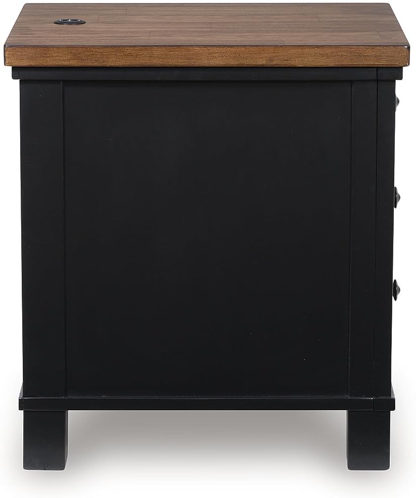 Signature Design by Ashley Wildenauer Farmhouse 3-Drawer Chairside End Table with USB Ports, Light Brown & Black