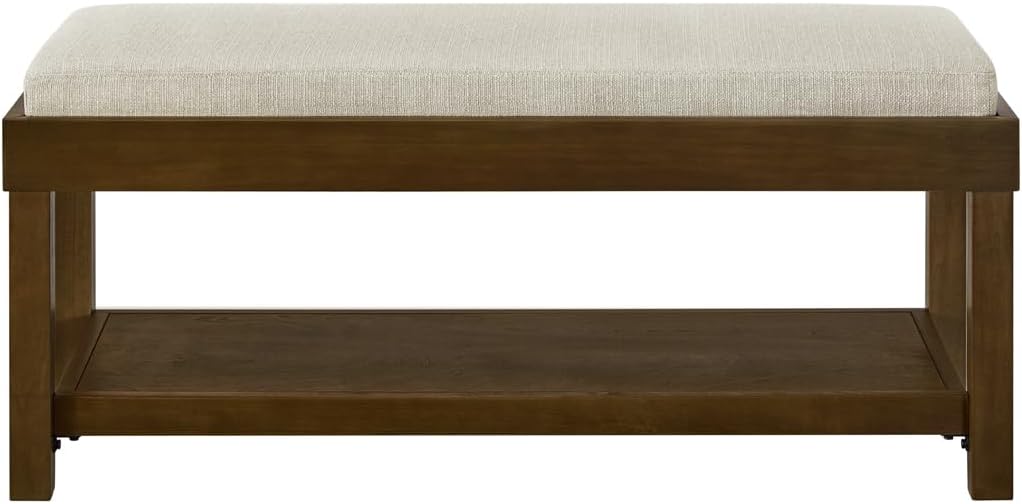 24KF Large Rectangular Storage Bench,Upholstered Seat Cushion,Ottoman Coffee Table with Ivory Removable Cushion for Living Room,Entryway Bench Bed Bench with Solid Wood Shelf,5069-Ivory