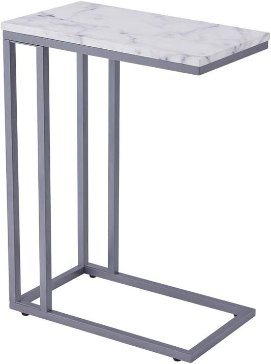 C-Shape Side End Table, Faux Marble Tray Snack Table with Metal Frame, Laptop Coffee Holder, Modern Furniture (Silver)