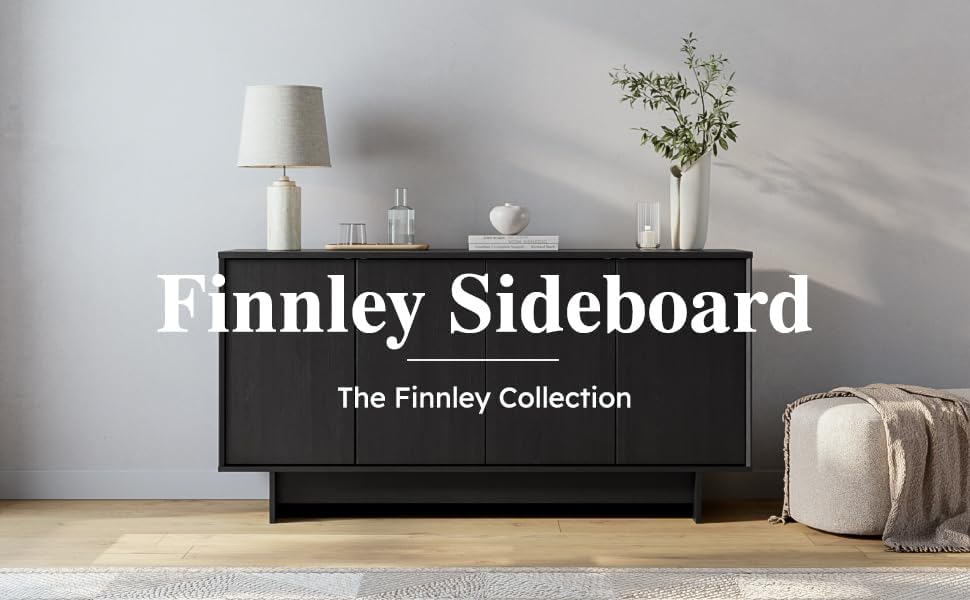 Prepac Finnley 61.5" Wide Sideboard Cabinet, Wood Entryway Sideboard with 2 Adjustable Shelves, Dining Room Buffet with 4 Doors, Living Room Accent Cabinet for Storage and Decorations, Black Oak