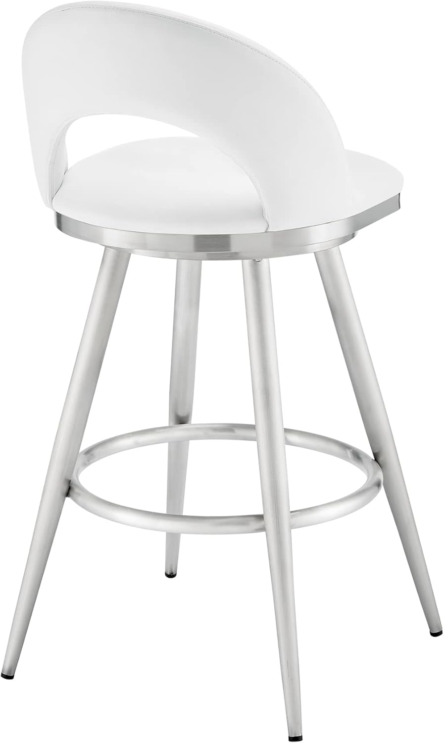 Armen Living Charlotte Swivel Bar Stool in Brushed Stainless Steel with White Faux Leather