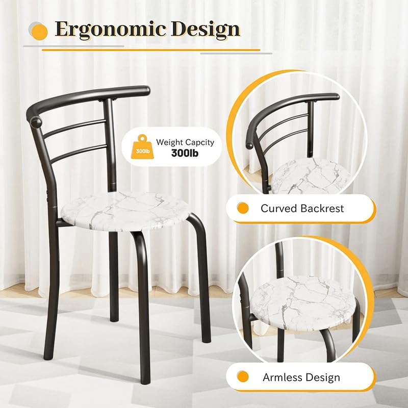 Shahoo 3-Piece Wooden Dining Table Set, Kitchen Breakfast Nook Sets with 2 Chairs & Round Tabletop, Space Saving Furniture Metal Frame and Built-in Wine Rack, Marble White & Black