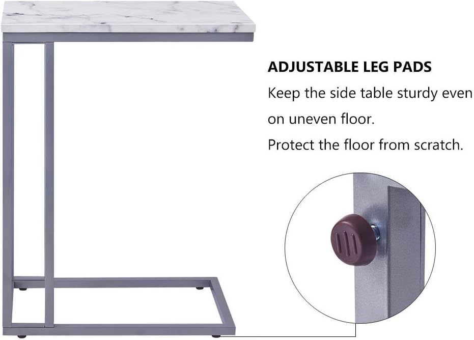 C-Shape Side End Table, Faux Marble Tray Snack Table with Metal Frame, Laptop Coffee Holder, Modern Furniture (Silver)
