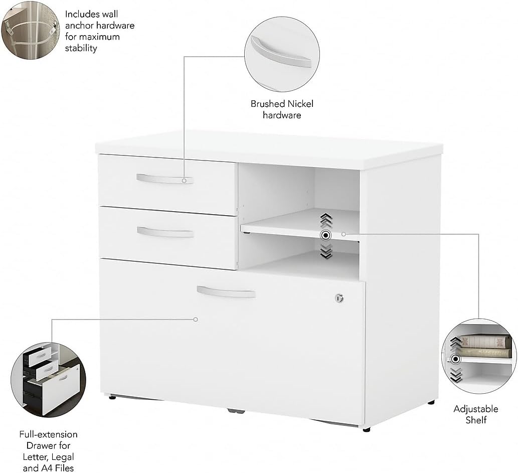 Bush Business Furniture Studio C Office Storage Cabinet with Drawers and Shelves in White, Organization for Home or Professional Workspace