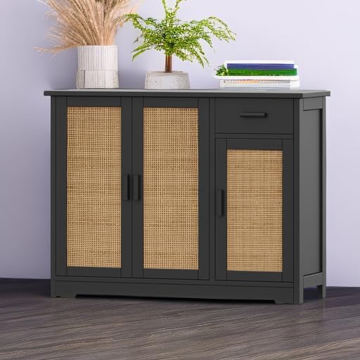 Irontar Kitchen Storage Cabinet, Sideboard Buffet Cabinet with Rattan Doors, Farmhouse Console Table with Drawer, Coffee Bar, Accent Table for Kitchen, Living Room, Hallway, Black and Natural CWG010BM