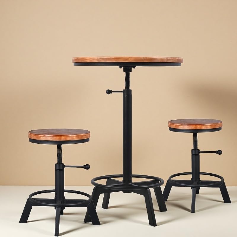 Vintage Bar Table 30-35.4inch Height Adjustable Industrial Bistro Table Retro Dinning Table for Kitchen Coffee House Pub Swivel Wooden Top