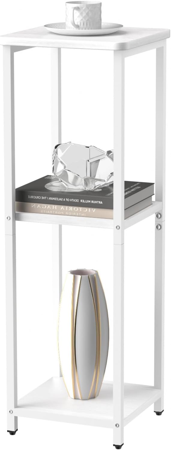 10" Wide Square Drink Table with Adjustable Feet - 3-Tier Small Side Table for Apartments, Balcony & Office | Space-Saving, Lightweight & Multi-Functional (Plants, Books, Drinks, White)