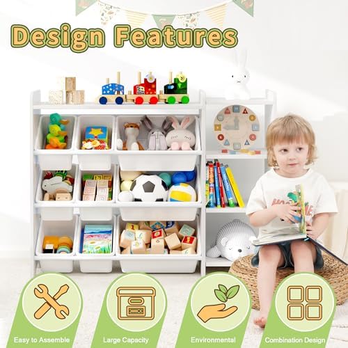 MallBest 4-Tier Kids' Toy Storage Organizer Shelf - 100% Solid Wood,Children's Storage Cabinet with 9 Plastic Bins and 3 Storage Ports(White-Single Color)