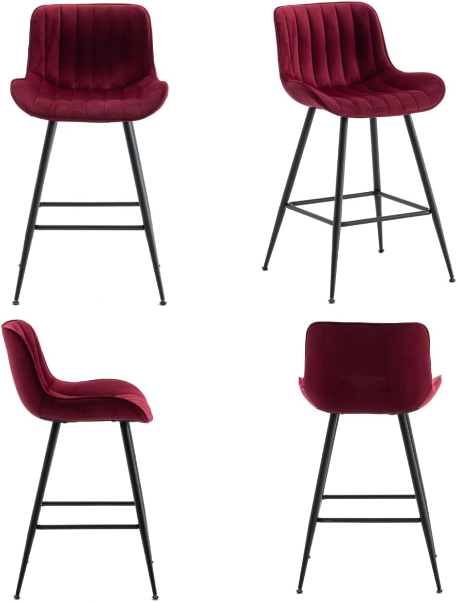Bar Stools Set of 2 - Burgundy Counter Height Bar Stools Velvet Fabric Upholstered Bar Stools 24 Inches Seat Height Barstools with Backs Bar Chairs for Kitchen Island (Burgundy).