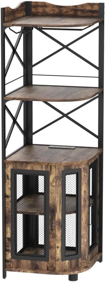 Aheaplus Corner Bar Cabinet with Power Outlet, Industrial Wine Cabinet with LED Strip and Glass Holder, 5-Tiers Liquor Cabinet Bar Unit for Home, Corner Display Cabinet for Small Space, Rustic Brown