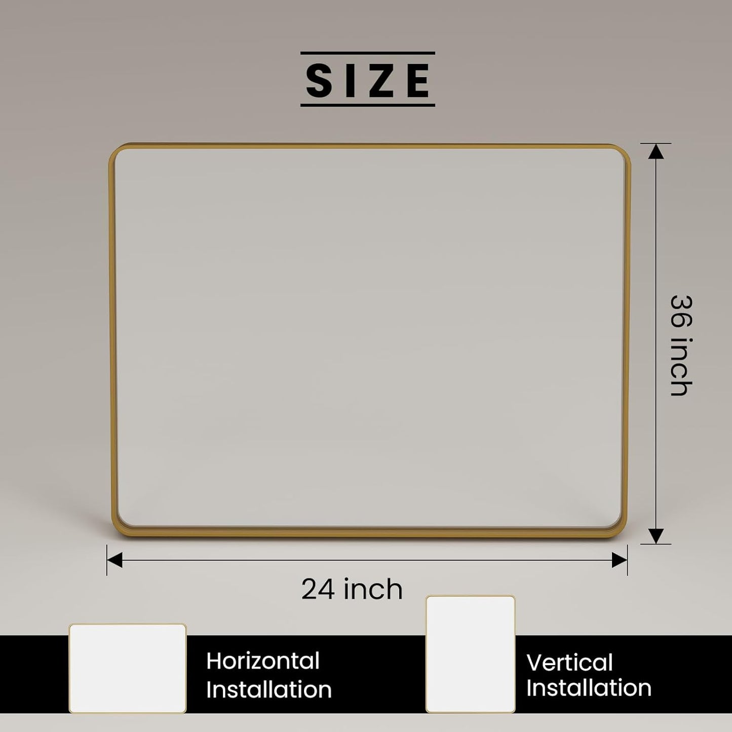 Gold Bathroom Mirror, 24x36 Inch Brushed Gold Metal Frame Mirror for Wall, Rounded Rectangle Bathroom Vanity Mirror, Tempered Glass, Anti-Rust, Horizontal/Vertical