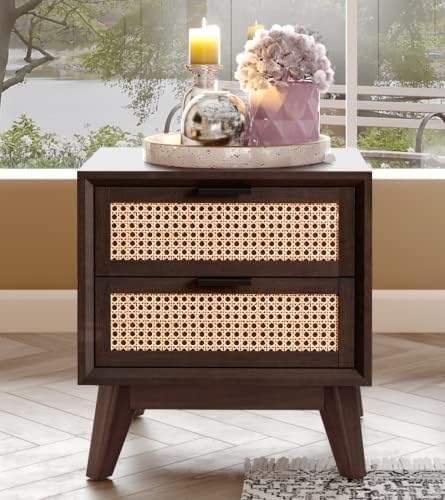Bme Jasper Deluxe Solid Wood Rattan Nightstand Fully Assembled - Mid Century Modern Side Table with 2 Drawers - Multipurpose use for Living Room, Bedroom - Walnut