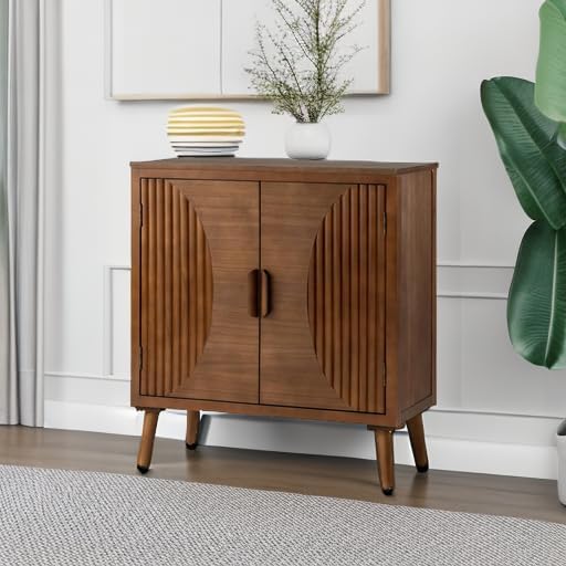 COSIEST 30" W Storage Cabinet with Doors and Shelves, Mid-Century Cabinet with Adjustable Shelf, Accent Sideboard for Kitchen, Dining Room, Living Room, or Hallway (Brown, Line Pattern)